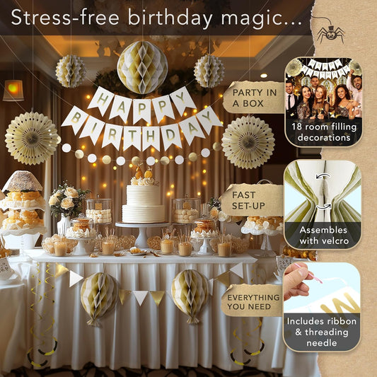 Premium Reusable - White and Gold Birthday Decorations for Women & Men - Multi-occasion Banner, Pennant Banner, Paper Fans - Party Decor by Itsy Bitsy Party Co