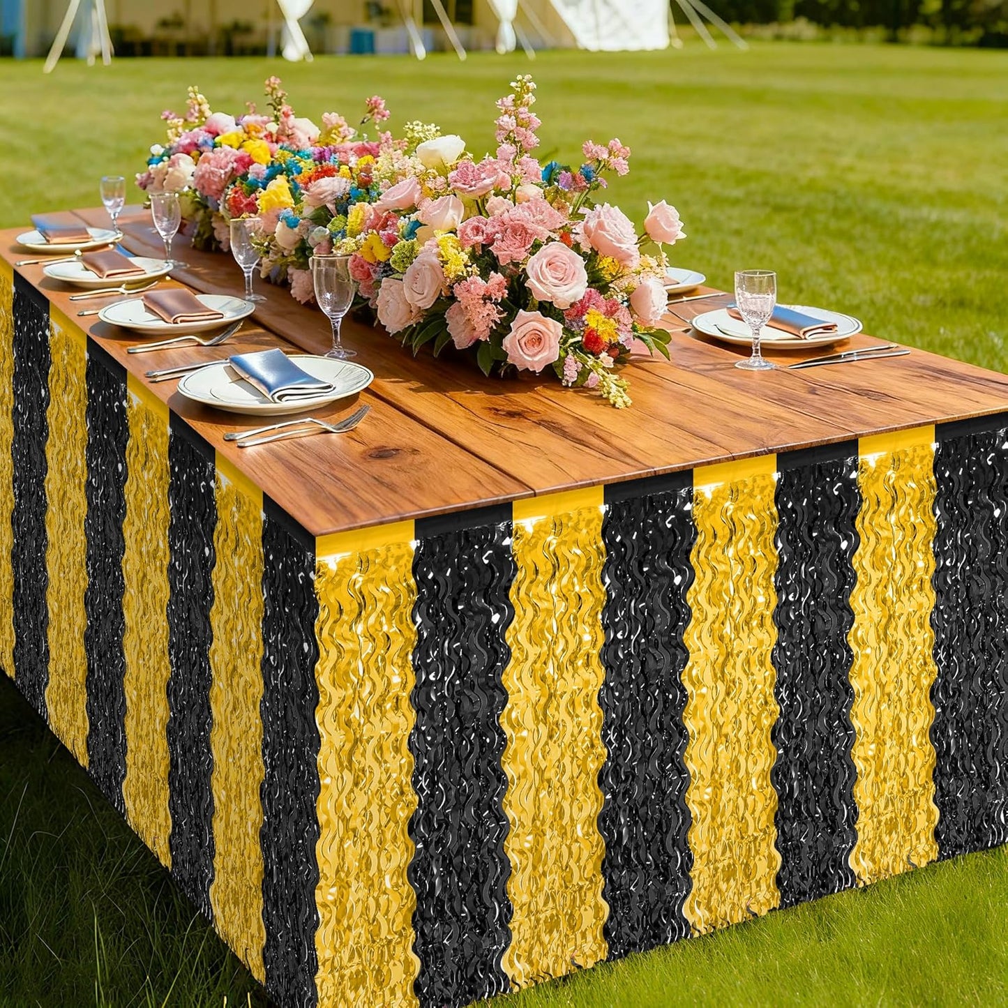2 Pack New Years Desk Skirt, Black Gold Grass Skirt for Table, New Years Metallic Wavy Tinsel Foil Fringe Table Skirts, Table Curtain Skirts for Graduations Wedding Birthday Indoor Party Decorations