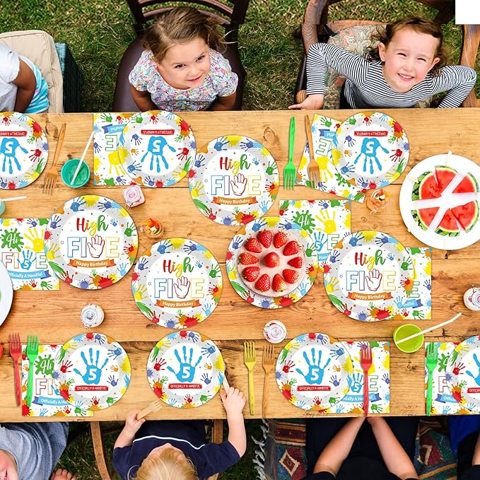 96Pcs Hi Five Birthday Party Supplies Colorful High 5 Year Old Birthday Paper Plates Napkins Hi FIVE Party Decorations Kids Girls Boys 5 Years Old Dinnerware Favor Tableware Serves 24