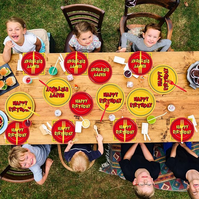 96PCS Cartoon Animation Birthday Paper Plates and Napkins for Cartoon Happy Birthday Party Decorations Red and Yellow Cartoons Animation Dinnerware Set for Boys Girls Kids Party Supplies Serve 24