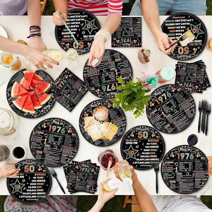 96Pcs 50th Birthday Party Paper Plates and Napkins 50th Birthday Supplies for Men and Women Disposable Dessert Plates Back in 1976 Colorful Tableware 1976 Birthday Gatherings Decorations