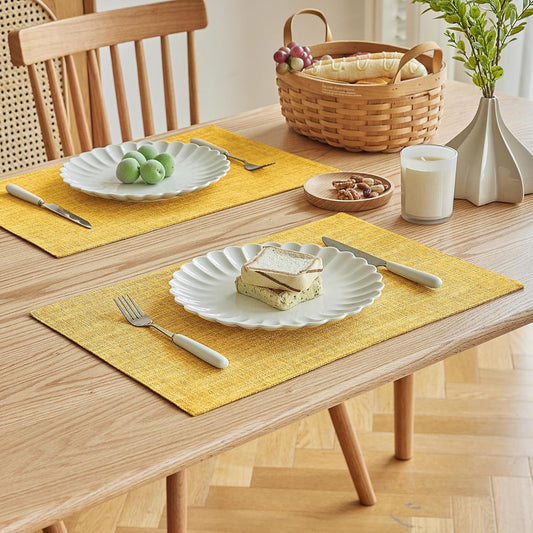 Softalker Faux Linen Placemats Set of 8-12 x 18 Inch, Heat Resistant Double Layered Durable Burlap Farmhouse Place Mats, Non-Slip Washable Rustic Table Mats for Dining, Kitchen, Party(Yellow