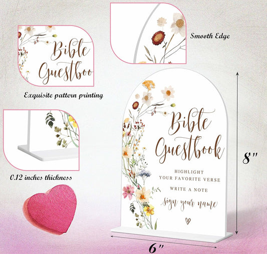Wedding Bible Guest Book Sign, Flower Style Bridal Shower Signs for Engagement, Bridal Shower and Reception, Bridal Shower Decorations, Wedding Shower Favors, 6X8 Inch Acrylic Arch Sign with Stand,20