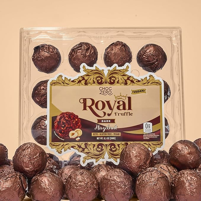 ChocZero Dark Chocolate Hazelnut Truffles, Vegan, Sugar Free, Gluten Free, Keto Holiday Gift, High Fiber, 16 Individually Wrapped Pieces, 8.5 Ounce (Pack of 1)