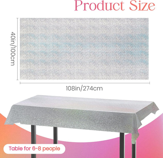 4 pcs Silver Holographic Tablecloths Shiny Disco Laser Table Cloths 40" x 108" Iridescence Plastic White Table Cover for Birthday Party Decoration Wedding Christmas Winter Grad Party Supplies