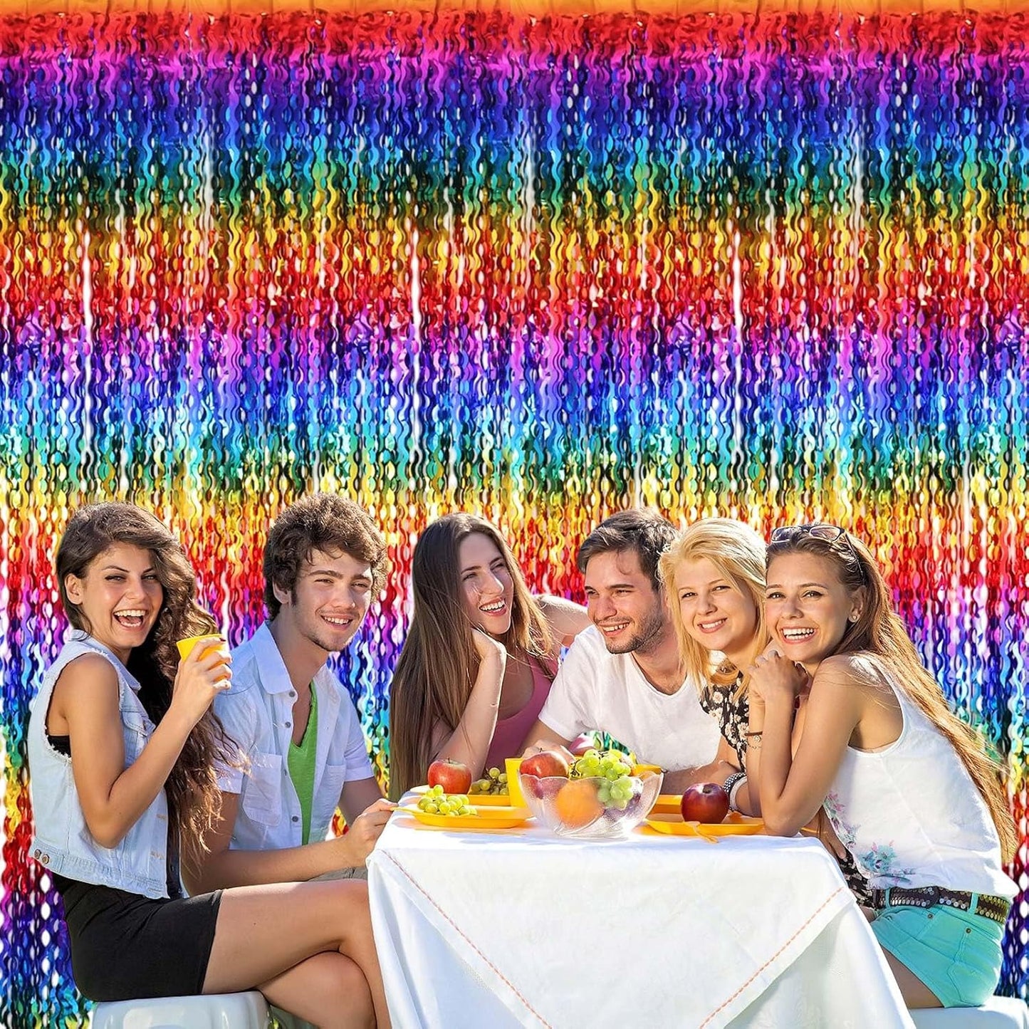 2 Pack Colorful Wavy Foil Fringe Curtain Backdrop, 3.3 X 6.6 Ft Rainbow Wavy Fringe Curtains, Colorful Streamer Shiny Metallic Tinsel Iridescent Streamers for Birthday Party Streamers Photo Booth
