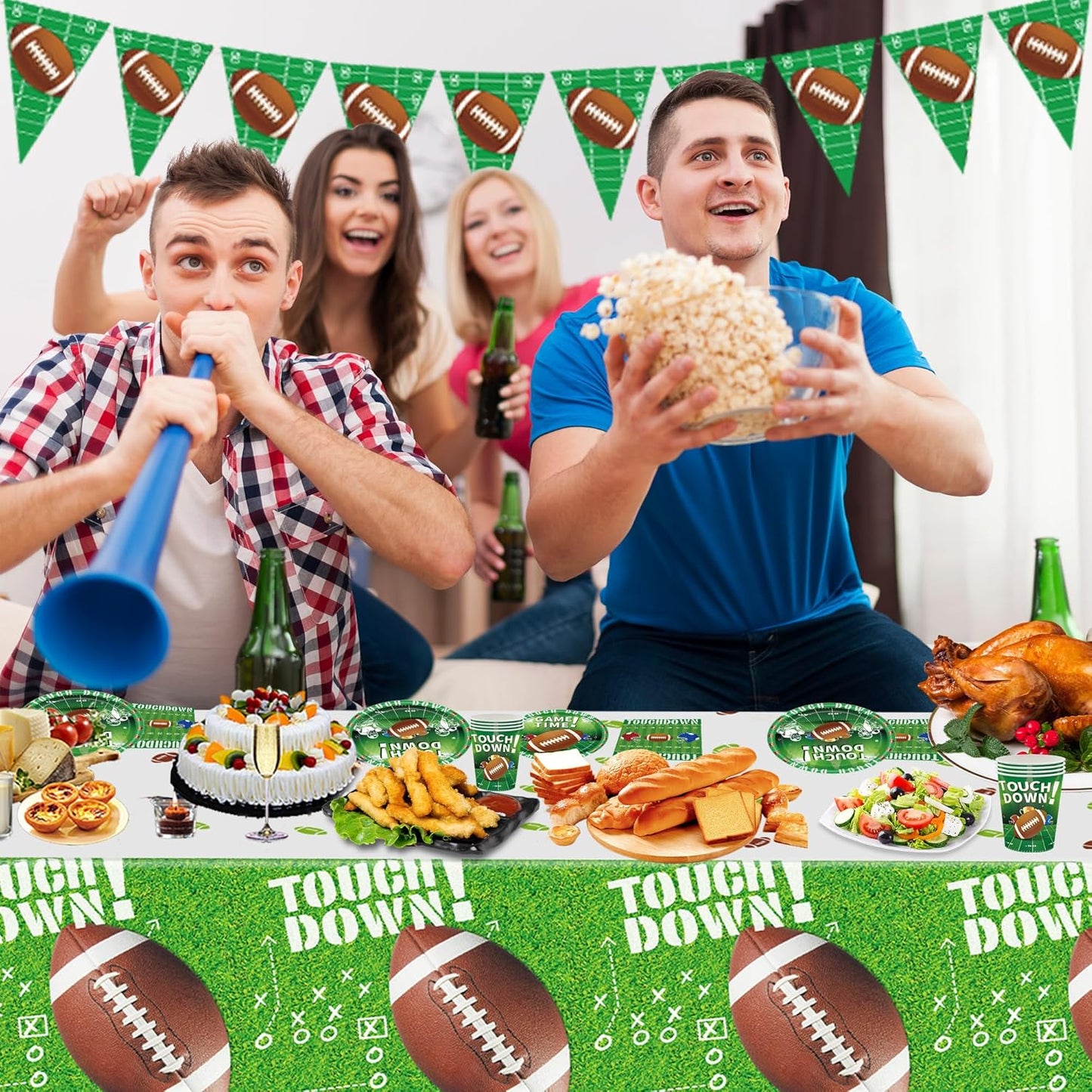 Football Party Decorations Supplies Set for 24 People, Includes 48 Dinner Plate, 24 Cup, 24 Napkin, 1 Tablecloth, 1 Pennant, Perfect for Super Bowl Game Day Birthday Party(98 Pcs)