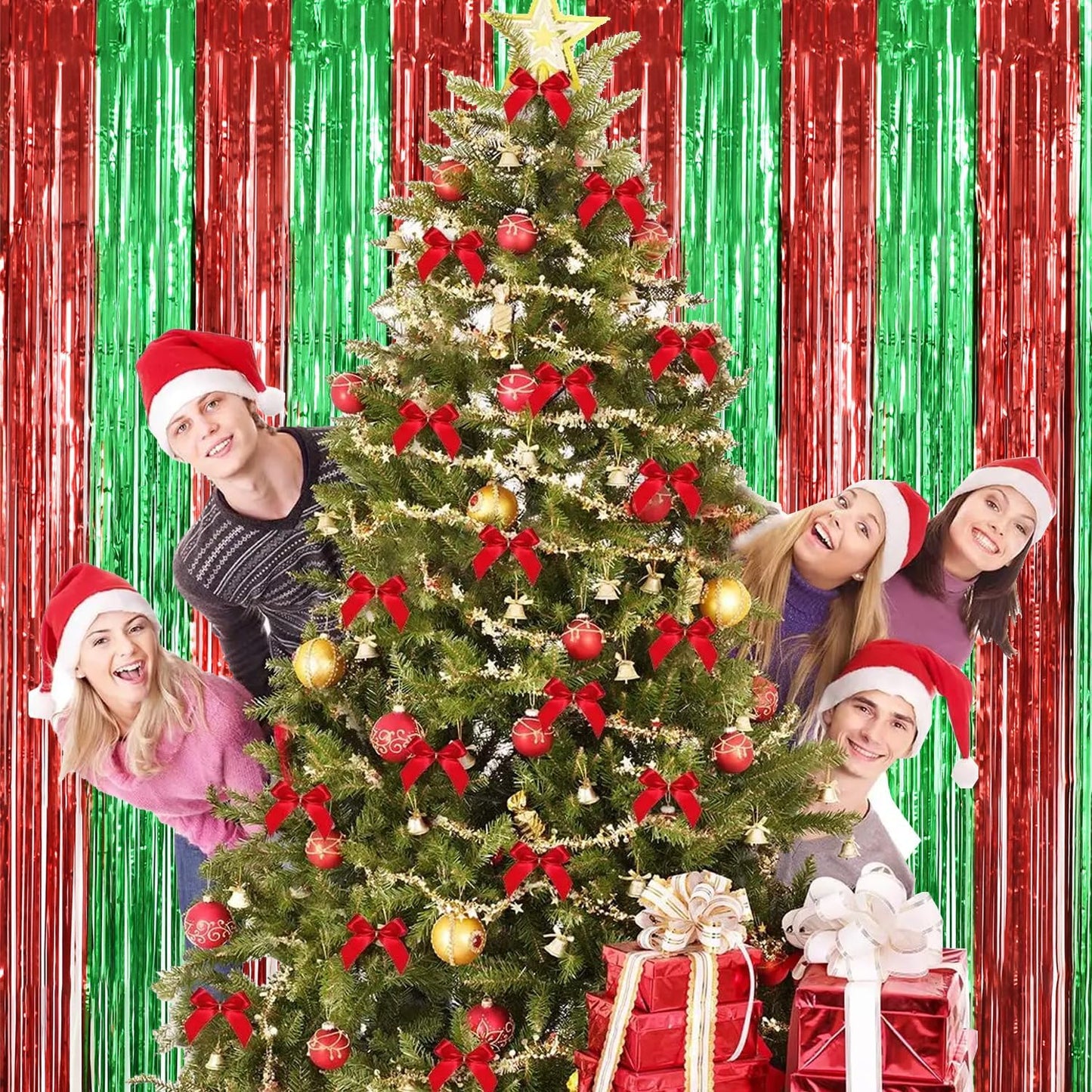 TONIFUL 3Pcs Red Green Door Streamers,Red GreenPhoto Booth Backdrop Metallic Streamers Foil Fringe Curtains for Birthday,Christmas,New Year,Bachelorette,Grad Party Streamers Decor(9.9ft x 6.6ft)