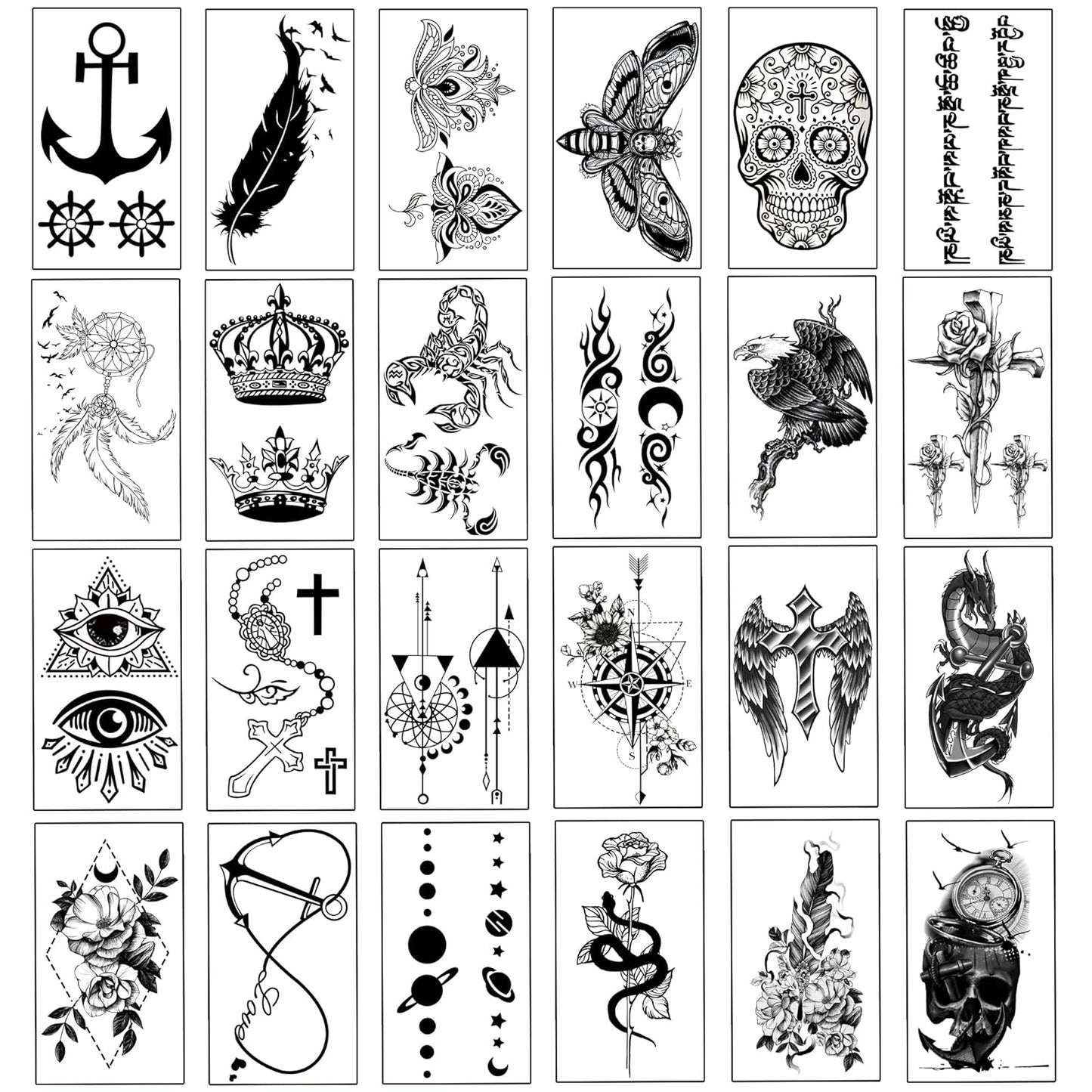 Yazhiji 32 Sheets Temporary Tattoos Stickers, 8 Sheets Fake Body Arm Chest Shoulder Tattoos for Men Women with 24 Sheets Tiny Black Temporary Tattoos