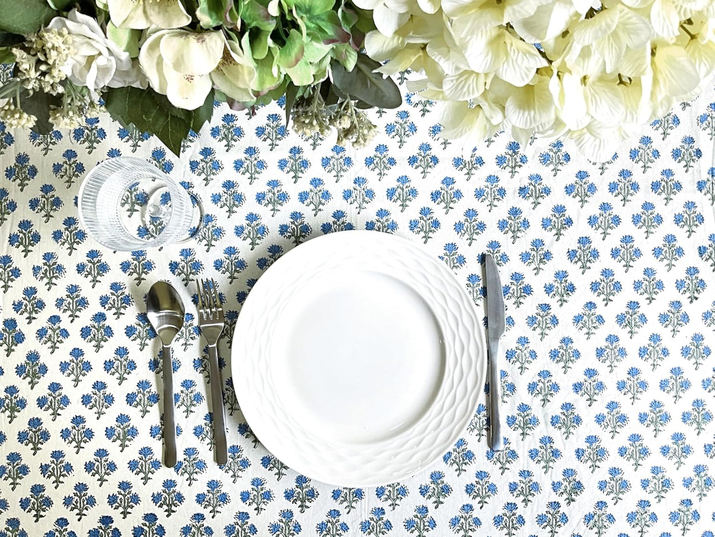 ATOSII Gulbahar Blue 100% Cotton Fall Rectangle Tablecloth, Handblock Print Floral Table Cloth for Kitchen Dining Linen I Thanksgiving Christmas Weddings Outdoors I 72 X 140 Inches I 12 Seater