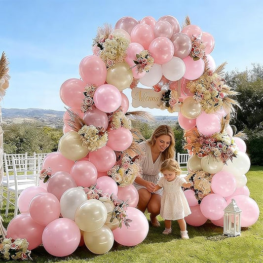 Pearl Pink White Balloon Arch, Double Stuffed Light Pastel Pink Cream White Sand Balloon Garland Kit for Valentines Birthday Baby Shower Bridal Wedding Mother's Day Party Decorations