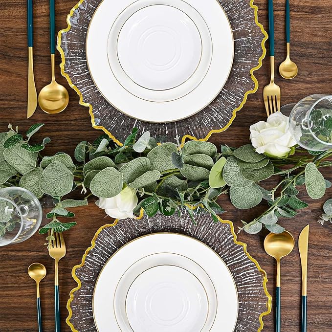 50Pcs Gold Charger Plates Round 13inch, Clear with Gold Rim, Reef Charger Plate for Dinner, Bulk Plastic Floral Table Charger Plates for Dinner Wedding Party Event
