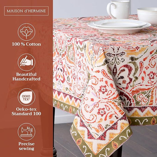 Maison d' Hermine Table Cloth Rectangle Table 100% Cotton 60 x 108 Inches Fall Tablecloth Reusable Everyday Use for Thanksgiving Christmas Decorations Dining Farmhouse Party (Damask)
