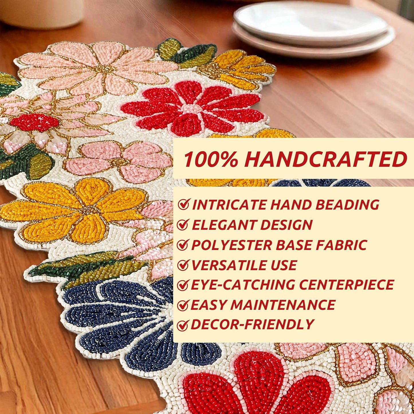 Beaded Table Runners 36 Inches Hand Beaded Decorative Farmhouse Glitz Table Runner for Christmas Wedding Baby Shower Bridal Shower Seasonal Winter Holiday Kitchen Dining Table Yellow Red- CLEENTABLE