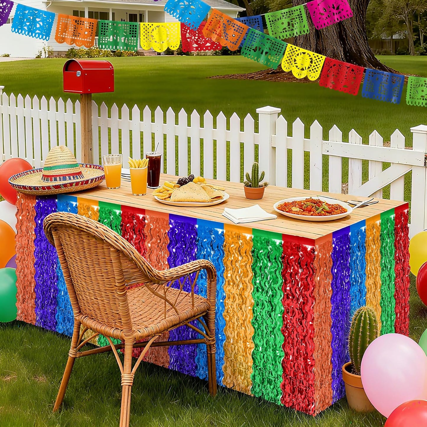 Day of the Dead Table Decorations, 2 Pack Dia De Los Muertos Fiesta Desk Skirts Supplies, Mexican Theme Metallic Wavy Tinsel Foil Fringe Table Skirts, Rainbow Skirts for Mexico Day of The Dead Decor