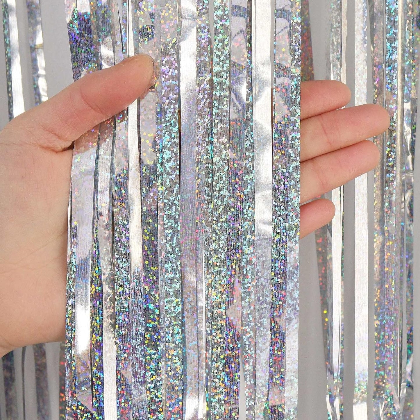 Silver Tinsel Foil Fringe Curtain Backdrop, 3.3 x 8.2 ft Metallic Glitter Curtain Streamers, 2 Pack Silver Photoboth for Birthday New Year Eve 2024 Disco Party Decorations