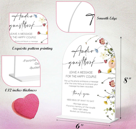 Audio Guest Book Sign, Flower Style Bridal Shower Sign for Wedding, Engagement, Bridal Shower and Reception, Bridal Shower Decorations, Wedding Shower Favors, 6X8 Inch Acrylic Arch Signs with Stand,31