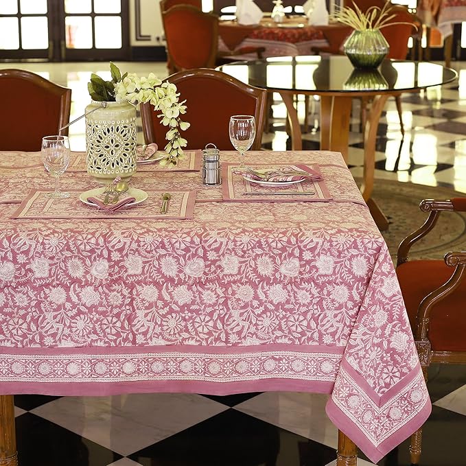 Labhanshi Indian Handblock Print Floral 100% Cotton Pre-Washed Canvas Rectangle Table Cloth|72x135 Inch 10-Seater Large Decorative Table Cover|Spring Easter Decor|Purple