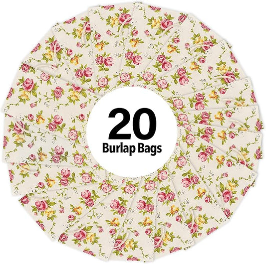 Mandala Crafts 10X12 Inch Rose Burlap Drawstring Gift Bags for Favors - 20 Large Floral Linen Sacks Gift Pouches for Candy, Coffee, Jewelry, Wedding, and Party Supplies