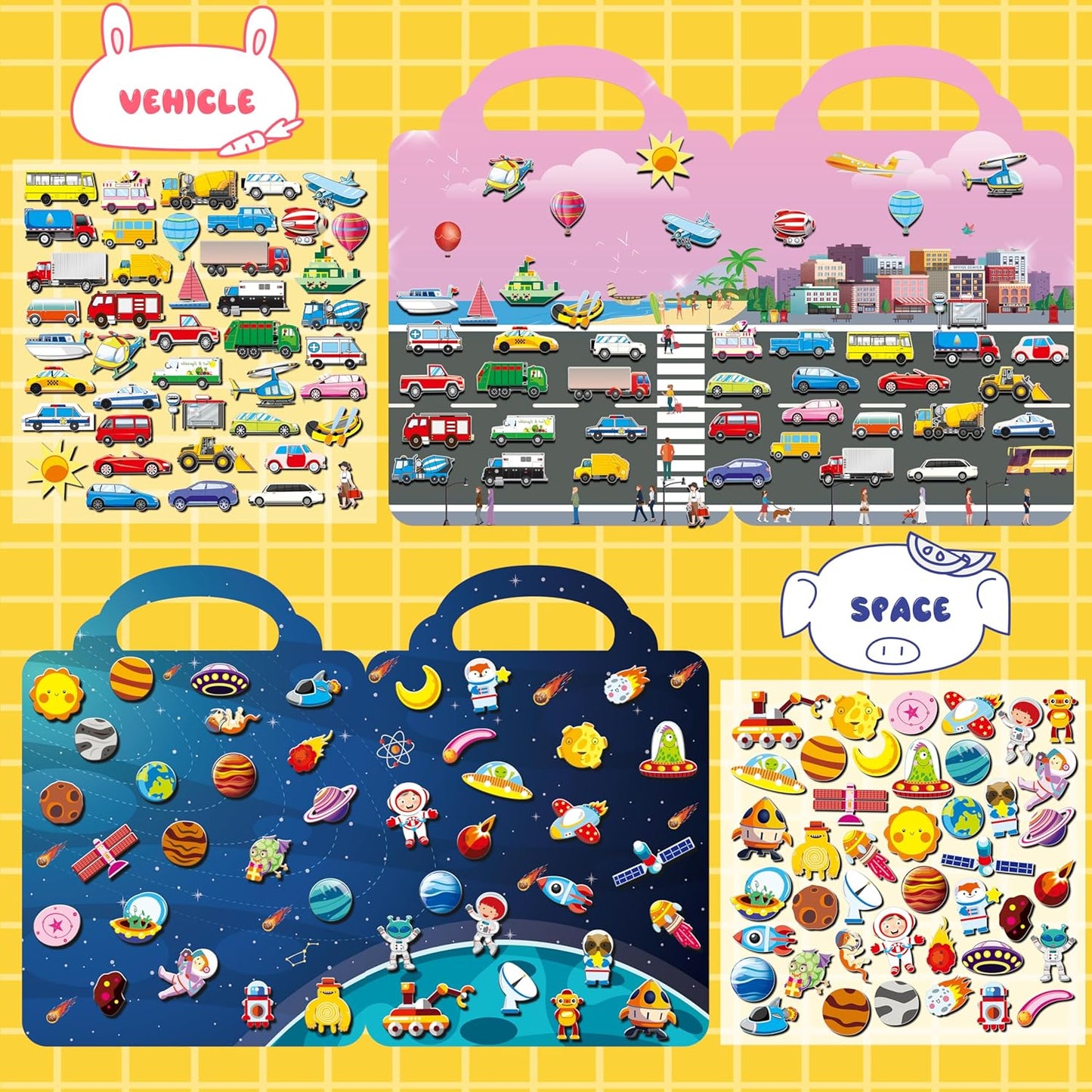 6Set Puffy Sticker Books for Kids, 3D Reusable Stickers Books for Toddlers 3-5,Farm+Animal+Dinosaurs+Ocean World+Space+Vehicle