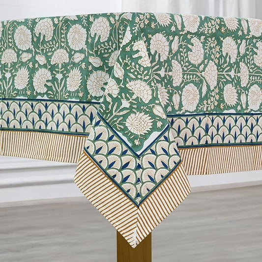 Ridhi Hand Block Print Turquoise Moss Green Rectangle Cotton Tablecloth 118" x 70" Reusable Table Cover Decorative Everyday Use for Dining, Farmhouse, Home Gift for Spring, Easter, Valentine