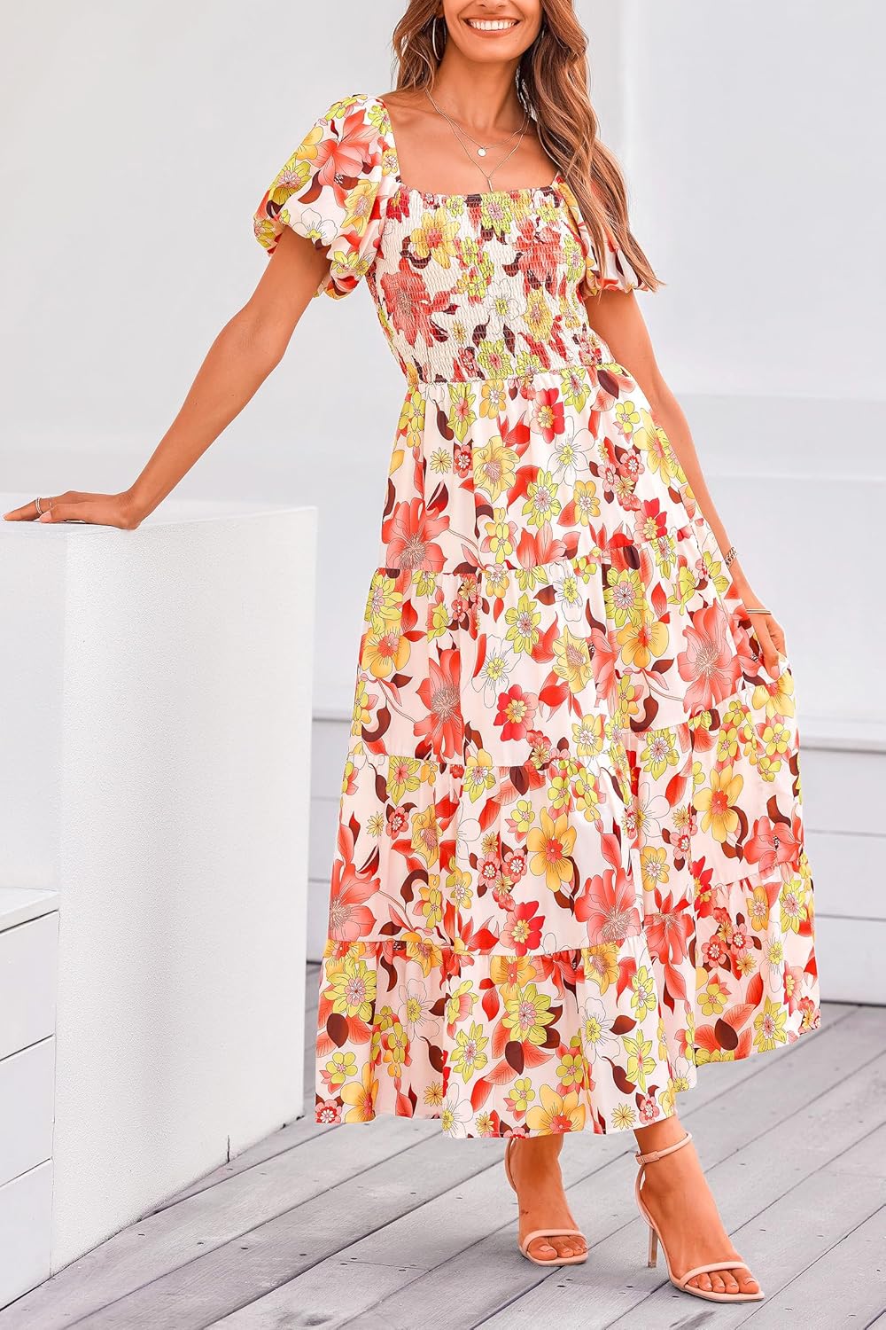 PRETTYGARDEN Women's Casual Summer Midi Dress Puffy Short Sleeve Square Neck Smocked Tiered Ruffle Dresses