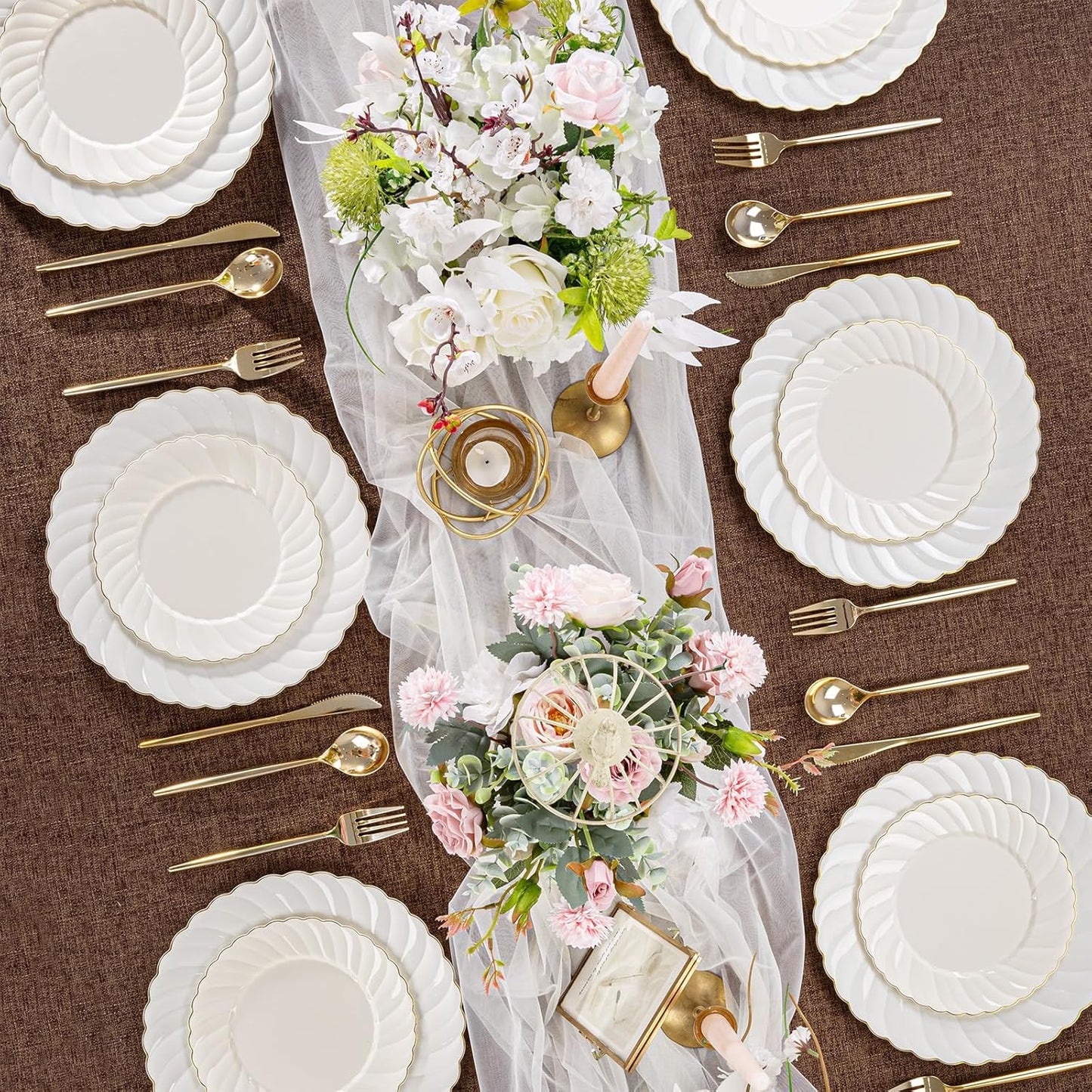 U-QE 60 Pcs Thanksgiving Plates Disposable – Ivory Scalloped Plastic Plates with Gold Trim – Elegant Plastic Plate Include 30 10.25" Dinner & 30 7.25" Dessert Plate for Party, Friendsgiving & Fall