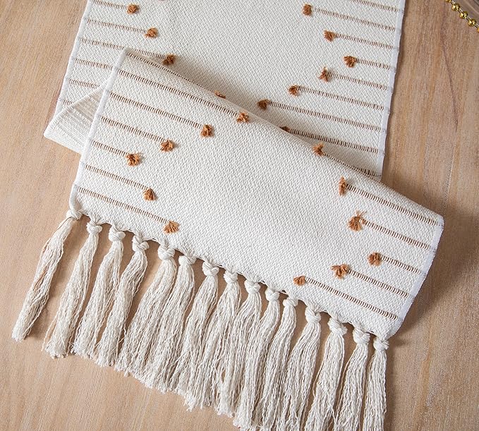 Boho Table Runner 13 x 48 Inch Long Natural Cotton Woven Runner with Tassels for Home Dining Table décor, for Modern Farmhouse Decor Coffee Table Runner, Brown and Beige