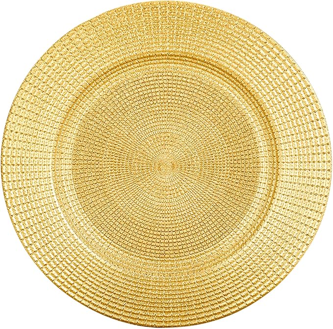 13" Glitter Gold Charger Plates, Shiny Square Grid Chargers for Dinner Plates, Glamour Table Setting Accessory Centerpiece Bluk Wedding, Event, Anniversary, Birthday, Baby Shower, Set of 6