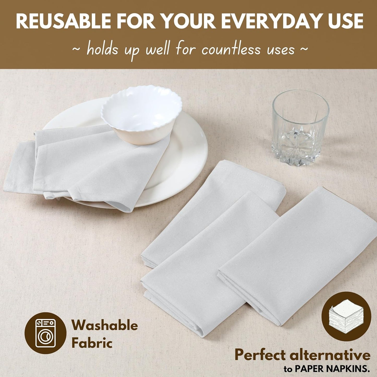 Native Fab Solid Cloth Napkin Set of 4, 100% Cotton, Washable, Reusable Dinner Cloth Napkin 17x17 inches, Table Decor Napkins for Dinner, Events, White