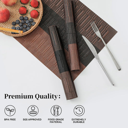 Leetaltree Brown with Black Striped Placemats Set of 6 - Heat Resistant Non-Slip Place mats for Dining Table, Washable Durable PVC Vinyl Woven Table Mats(Brown Stripe, 6)