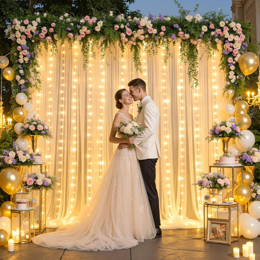 Champagne Backdrop Curtains with Lights String for Wedding Parties 10×10ft Sheer Tulle Backdrop Curtain for Bridal Shower Baby Shower Birthday Party Photo Shoot Decorations 2 Panels 5×10ft
