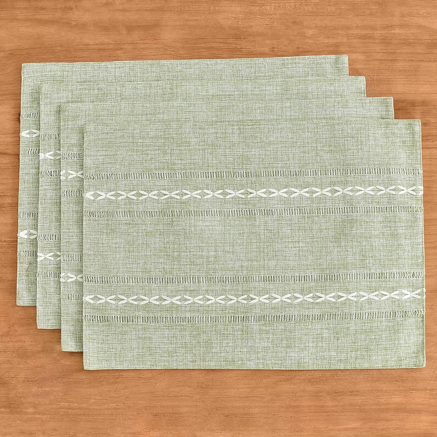 Wracra Cotton Linen Placemats, 14 x 19 Inch Set of 8 Placemats Rustic Hemstitch Place Mats for Kitchen Table and Heat Resistant-Hemstitch Sage Green