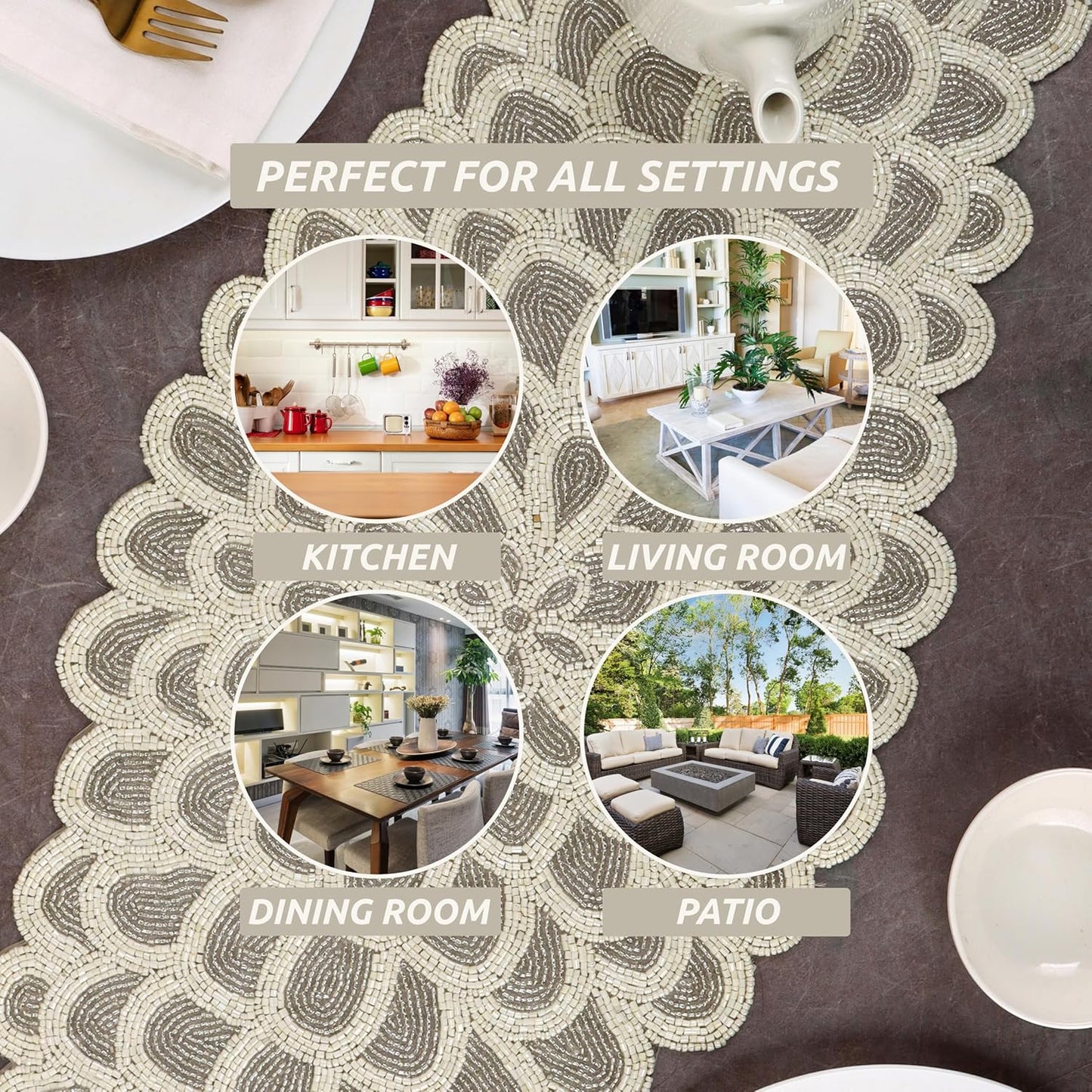 Beaded Table Runners 36 Inches, Hand Beaded Decorative Farmhouse Glitz Table Runner for Christmas Wedding Baby Shower Bridal Shower, Seasonal Winter Holiday Kitchen Dining Table Silver - CLEENTABLE