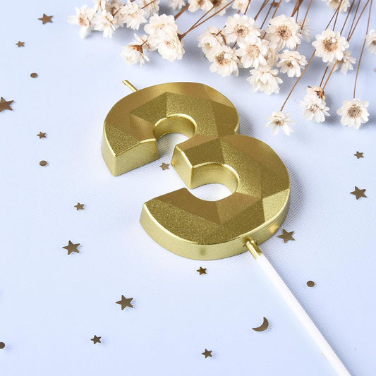 PHD CAKE 2.76 Inch Crystal Gold 3 Number Birthday Candles, Gold Number Candles, Cake Number Candles, Party Celebration