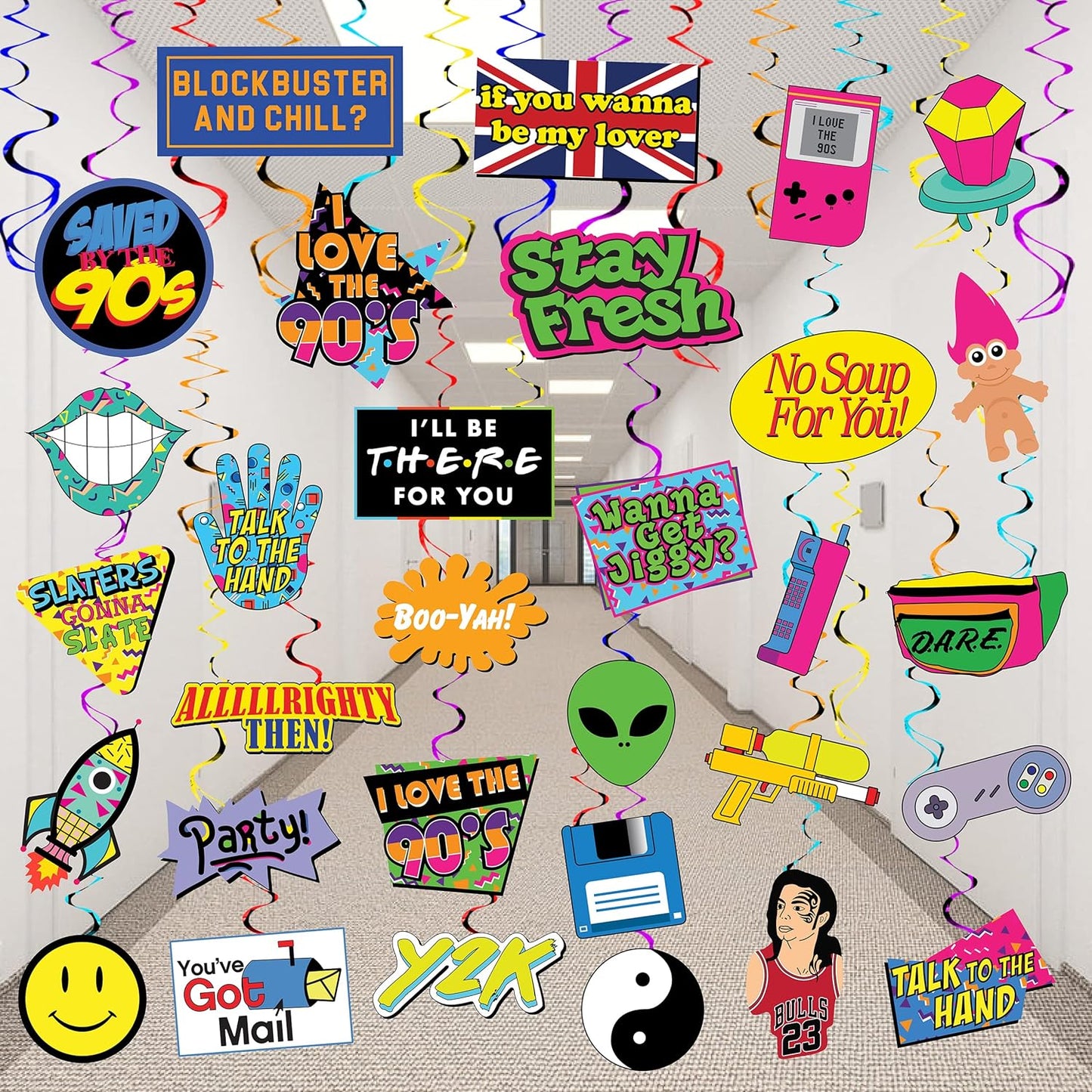 32 Piece 90s Party Hanging Swirls Decorations, Throwback 1990s Themed Party Supplies and Favors