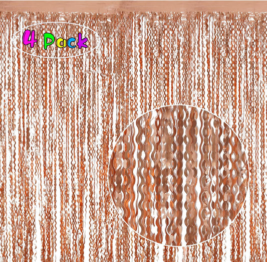 4 Pack Rose Gold Backdrop Birthday Decorations - 3.3x6.6ft Wavy Tinsel Foil Backdrop Party Streamer Party Supplies Background | Tinsel Curtain Backdrop for Parties