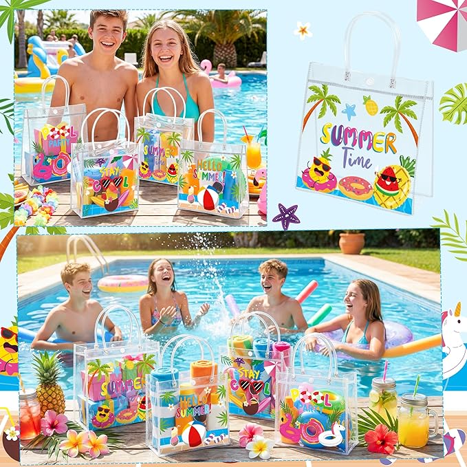 H1vojoxo Hello Summer Gift Bags - 24PCS Summer Pool Party Favor Clear Gift Bags with Handles 7.9x3.2x7.9 Inch Pool Clear PVC Gift Bag 4 Styles Waterproof and Reusable Beach Goodie Treat Party Tote Bag