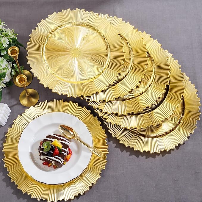 EI 20pcs Gold Charger Plates Bulk 13inch Plastic Chargers for Dinner Plate Disposable Golden Flash Reef Charger Plates Table Chargers for Family Party Wedding Birthday Afternoon Tea Decoration