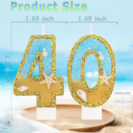 Ocean Number 40 Candle, Glitter Gold Beach Starfish Cake Topper, Tropical Ocean Princess Birthday Decorations for Party Supplies Wedding Anniversaries