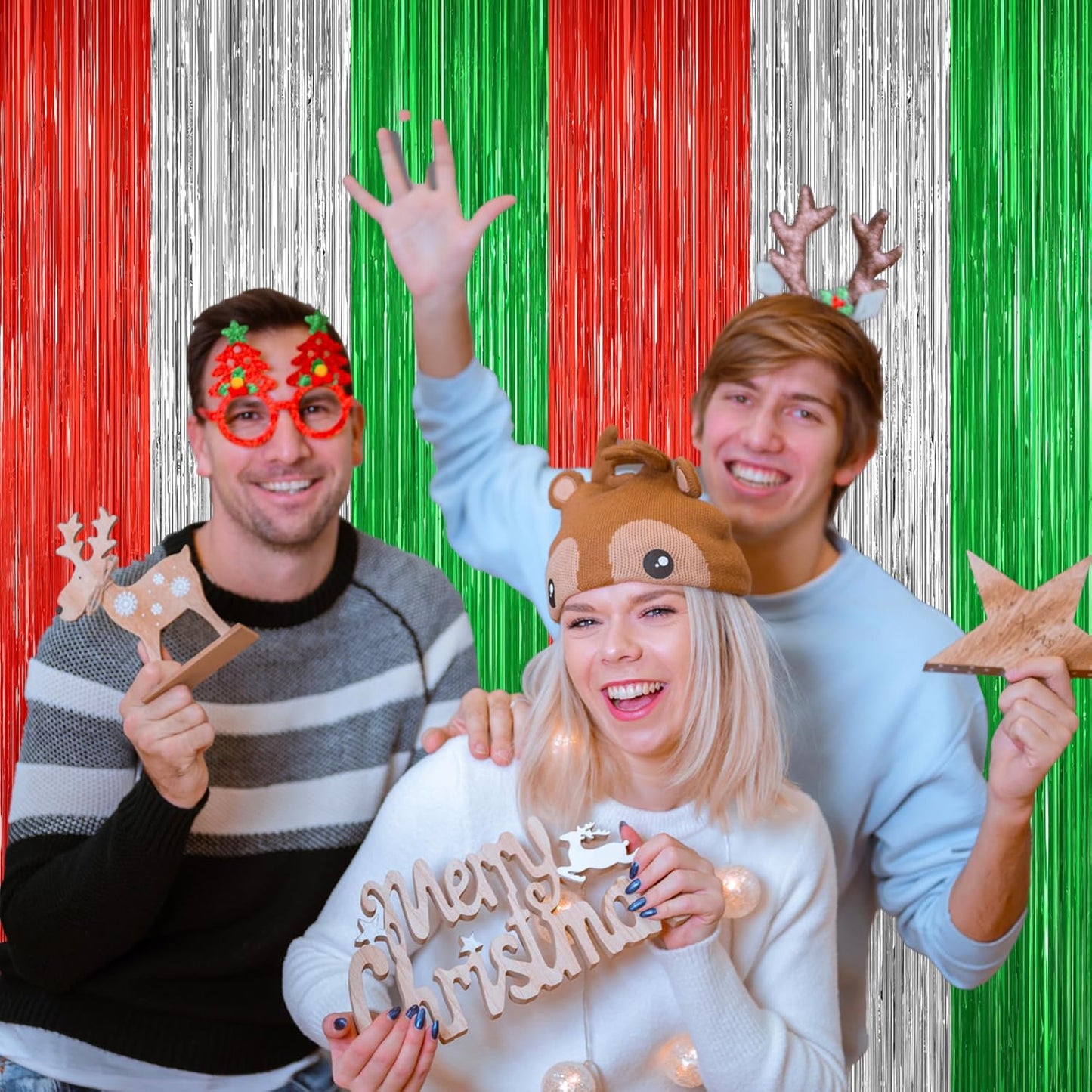 2 Pack Red Silver and Green Metallic Tinsel Foil Fringe Curtains, Door Streamers Photo Booth Backdrop for Birthday Party, Tinsel Curtain Backdrop for Christmas Theme Party Decorations