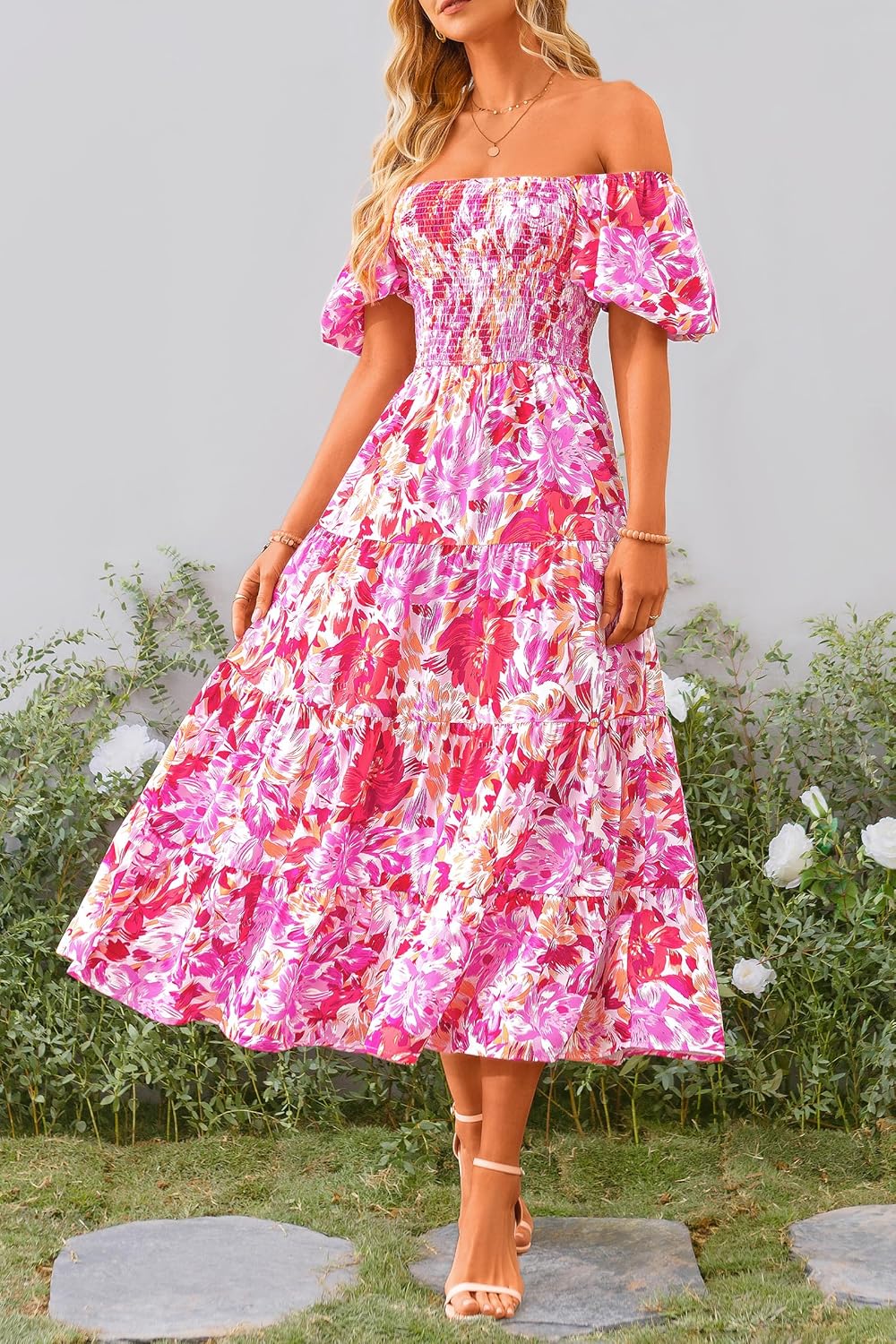 PRETTYGARDEN Women's Casual Summer Midi Dress Puffy Short Sleeve Square Neck Smocked Tiered Ruffle Dresses
