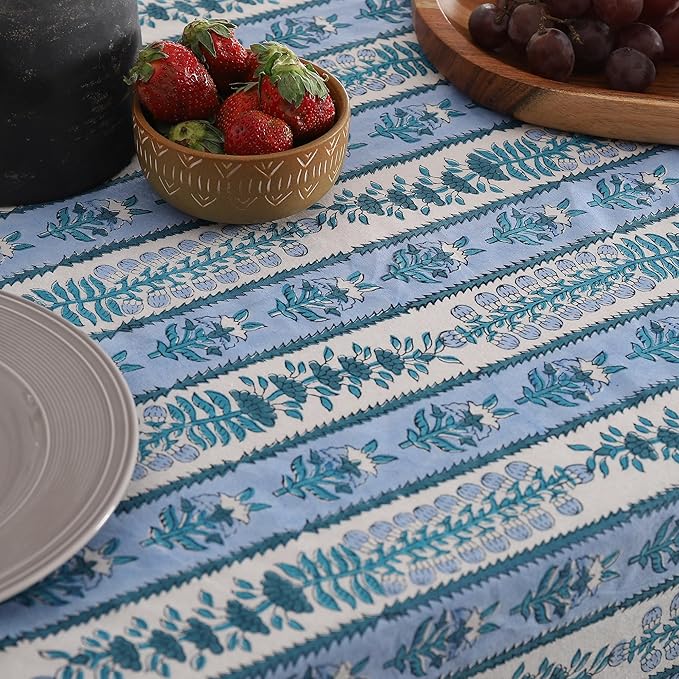 Labhanshi Blue Indian Handblock Print Pre-Washed Cotton Floral 60x90 Inch Rectangle 6-Seater Tablecloth|Farmhouse Decorative Party Event Wedding Spring Easter Festive Holiday Decor|Blue