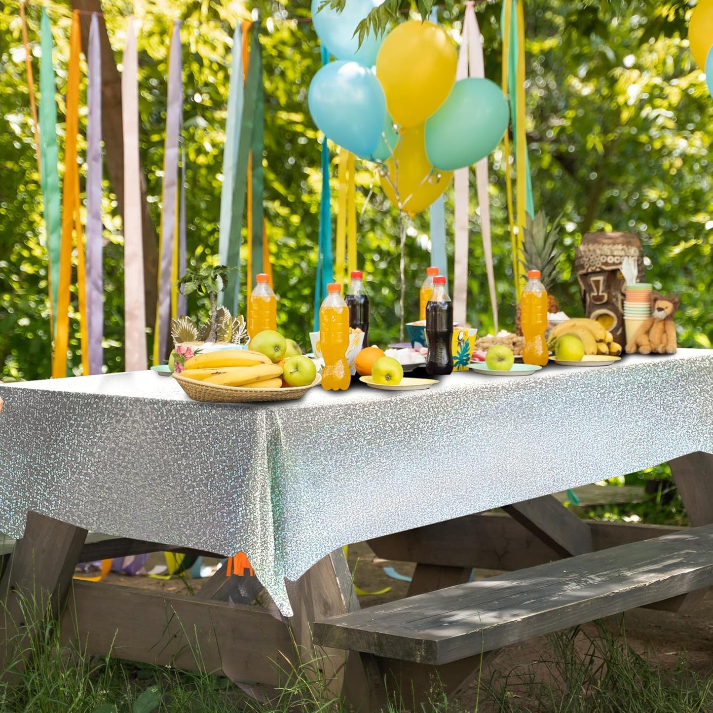 4 pcs Silver Holographic Tablecloths Shiny Disco Laser Table Cloths 40" x 108" Iridescence Plastic White Table Cover for Birthday Party Decoration Wedding Christmas Winter Grad Party Supplies