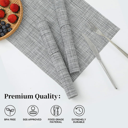 Leetaltree Linen Grey Placemats Set of 12 - Heat Resistant Non-Slip Place mats for Dining Table, Washable Durable PVC Vinyl Woven Table Mats(Linen Grey, 12)