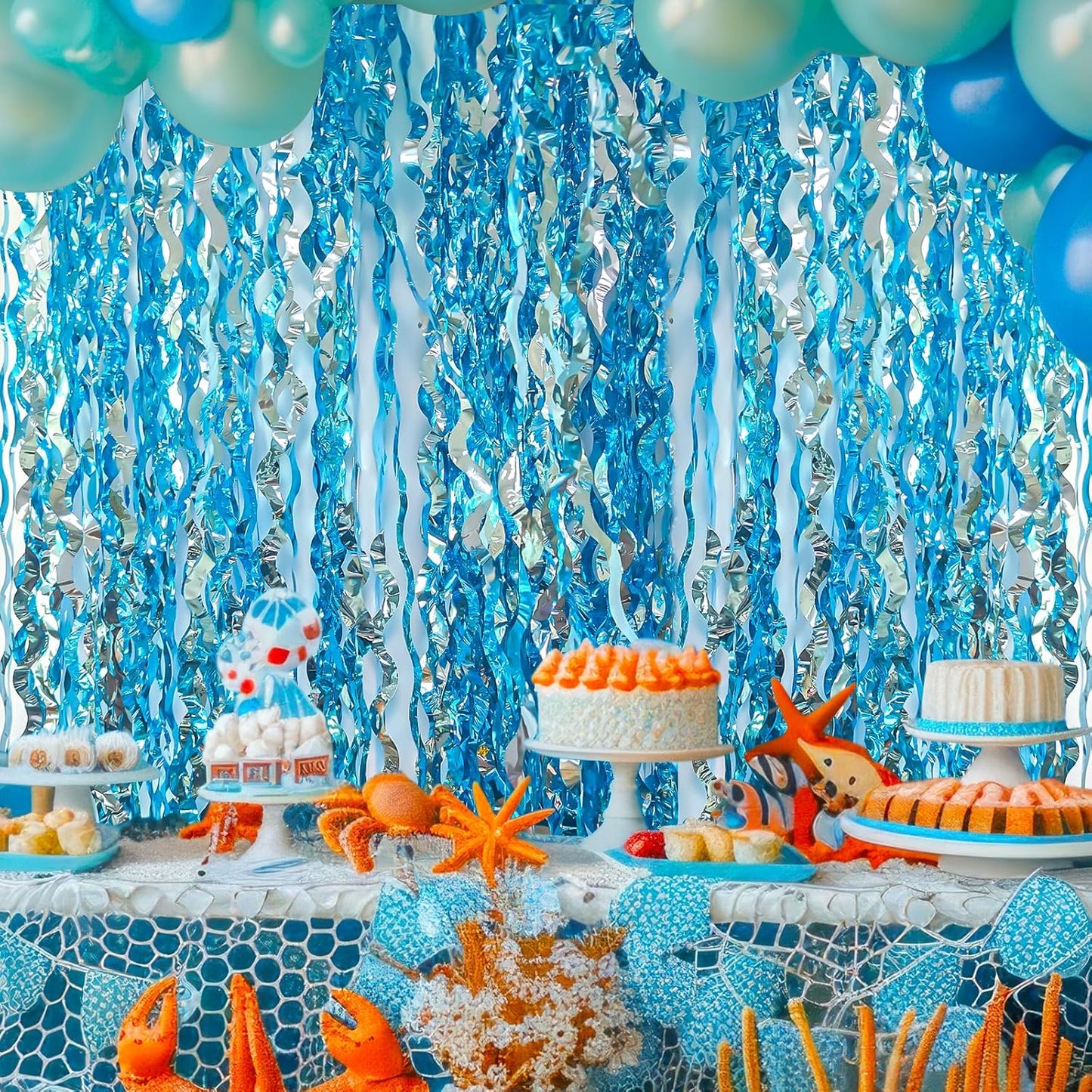 ADLKGG 6 Pack Blue Wavy Foil Fringe Curtain, Streamers Water Beach Backdrop for Ocean Backdrop | Under The Sea Party Decorations | Summer Pool Party Decorations, 3.3x6.6 Feet