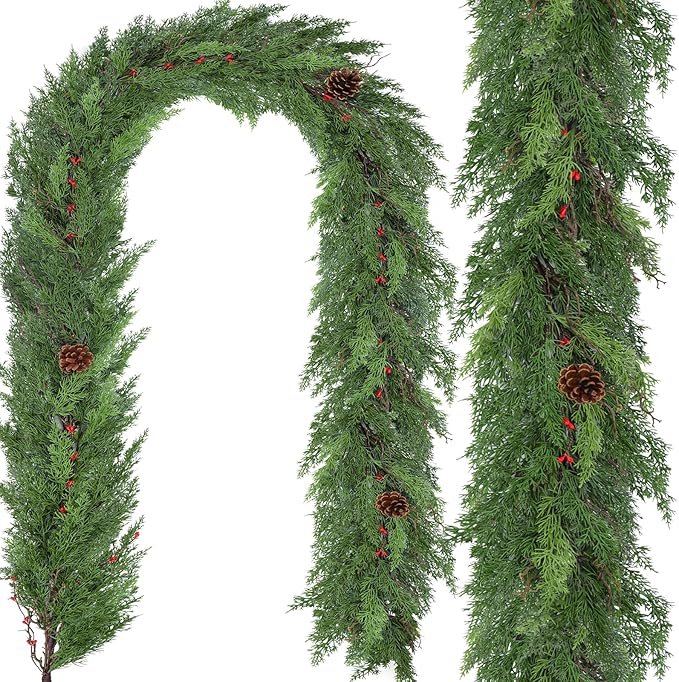 1 Pack 9FT Real Touch Christmas Garland with Pine Cone Artificial Realistic Faux Green Cedar Pine Garland,Thick and Lush, Lifelike Cedar Garland for Fireplace Indoor Outdoor Holiday Party Decoration