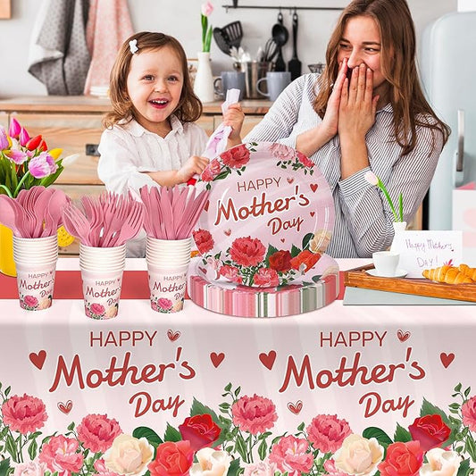 132 Pcs Mother's Day Party Supplies for 26 Guests | Disposable Pink Tableware Set with Plates, Cups, Cutlery & Tablecloth