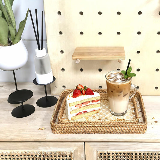 i-lan 2-Piece Rectangular Rattan Serving Trays with Mother of Pearl Inlay, 13" & 11.5" Decorative Storage Trays for Home Organization, Entertaining, and Tabletop Display