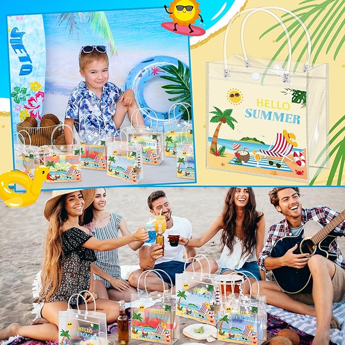 H1vojoxo Hello Summer Gift Bags - 24PCS Sunny Beach Clear Gift Bags with Handles 7.87 x 3.2 x 7.87 Inch Reusable PVC Plastic Transparent Waterproof Tote Bag for Summer Party Birthday Party Supplies